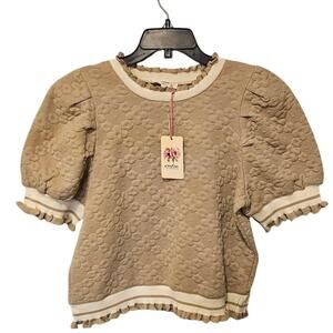 Stylish Entro Taupe Textured Bubble Sleeve Ruffle Top-Size Small